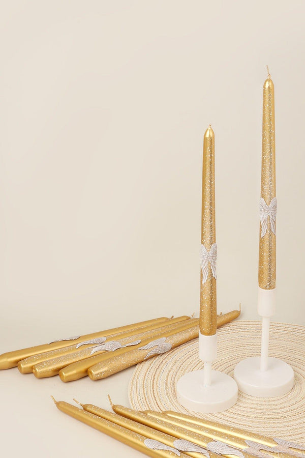 g decor Featheré Wings Set of 2 Hand-Finished Gold Wax Dinner & Taper Candles with Sculpted Angel Wing Detail Gold