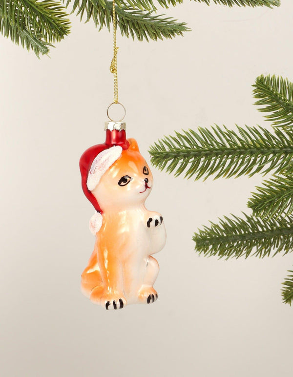 G Decor Festive Ginger Cat Hand-Blown & Hand-Painted Glass Christmas Tree Ornament Santa Hat Decoration Orange