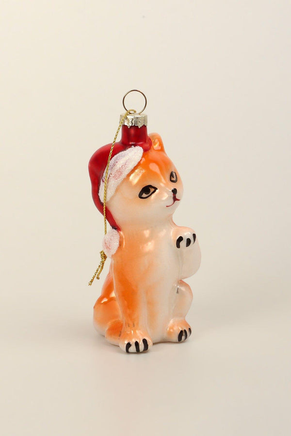 G Decor Festive Ginger Cat Hand-Blown & Hand-Painted Glass Christmas Tree Ornament Santa Hat Decoration Orange