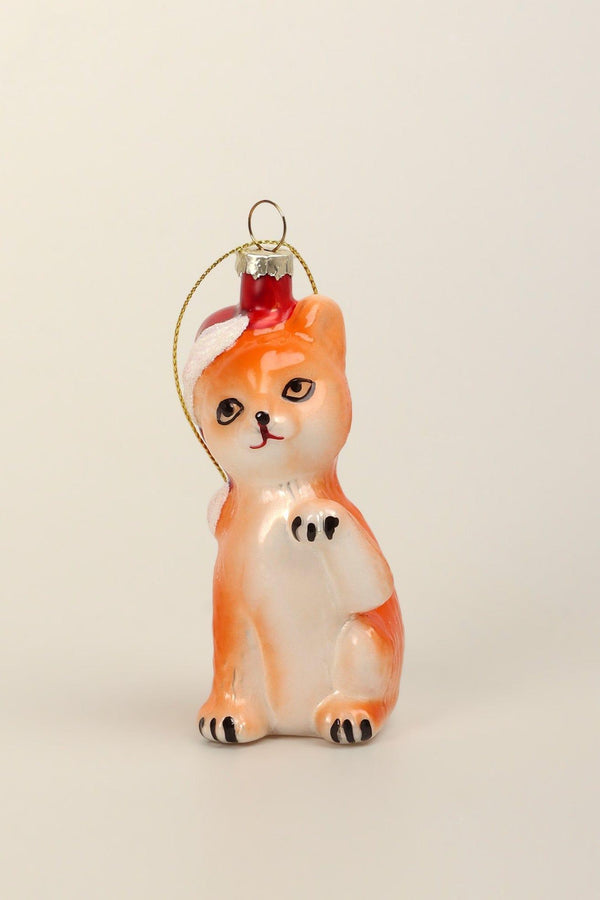 G Decor Festive Ginger Cat Hand-Blown & Hand-Painted Glass Christmas Tree Ornament Santa Hat Decoration Orange