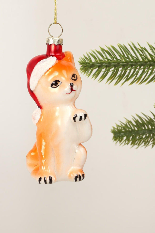 g decor Festive Ginger Cat Hand-Blown & Hand-Painted Glass Christmas Tree Ornament Santa Hat Decoration Orange