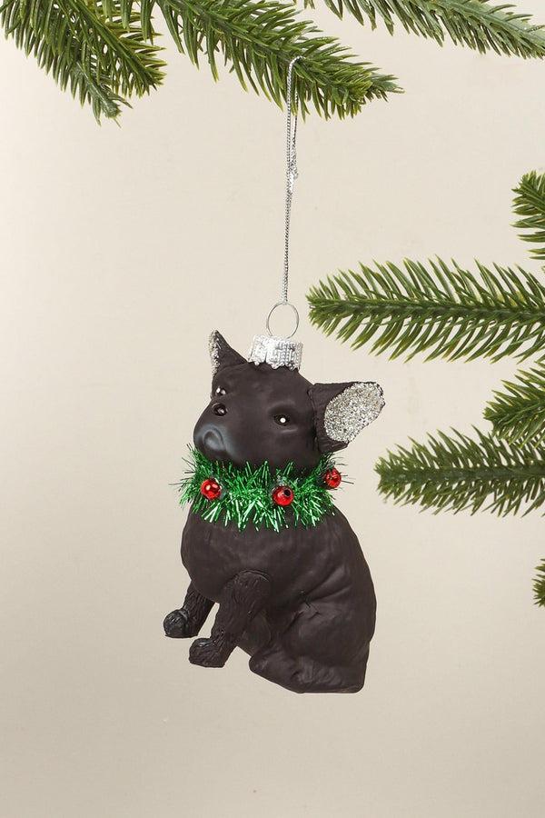 G Decor Festive Pup Black Dog Glass Hand-Finished Christmas Ornament Glitter Ears & Jingle Bell Collar Hanging Decoration Black