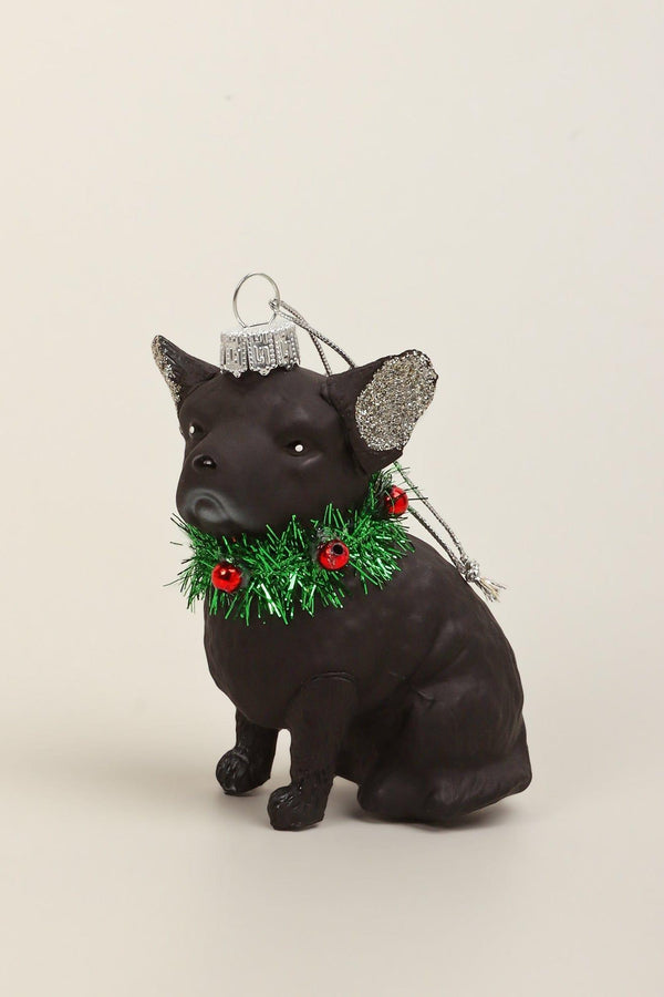 G Decor Festive Pup Black Dog Glass Hand-Finished Christmas Ornament Glitter Ears & Jingle Bell Collar Hanging Decoration Black