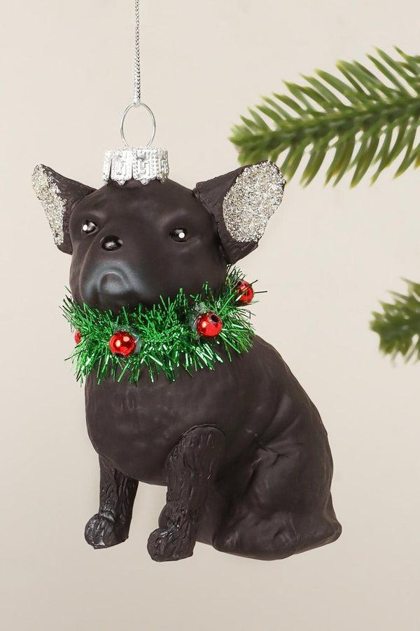 g decor Festive Pup Black Dog Glass Hand-Finished Christmas Ornament Glitter Ears & Jingle Bell Collar Hanging Decoration Black