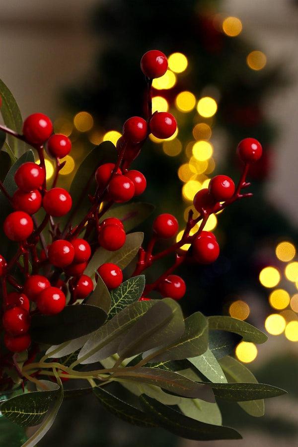 G Decor Festive Red Holly Hand-Finished Green Leaf Christmas Branch & Stem Berries Decoration Red