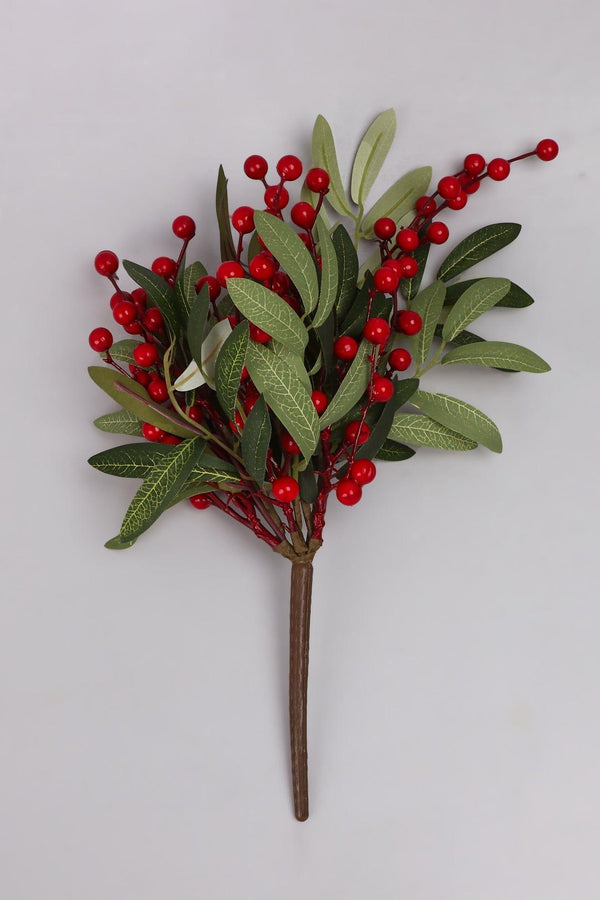 G Decor Festive Red Holly Hand-Finished Green Leaf Christmas Branch & Stem Berries Decoration Red
