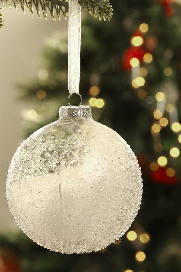 g decor Frosted Effect Glass Christmas Bauble with Real Feathers Insert Large Snowy Tree Ornament Decoration White