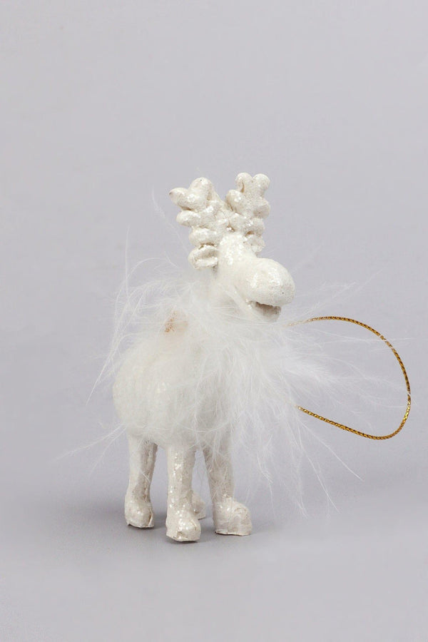 G Decor Frosted Fluffy White Reindeer Hanging Ornament Festive Tree Hanging Decoration Style 1