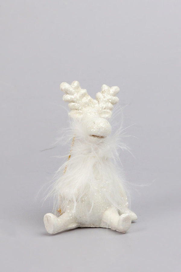 G Decor Frosted Fluffy White Reindeer Hanging Ornament Festive Tree Hanging Decoration Style 1