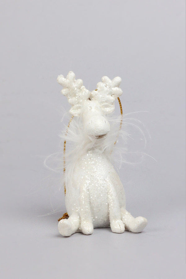 G Decor Frosted Fluffy White Reindeer Hanging Ornament Festive Tree Hanging Decoration Style 1