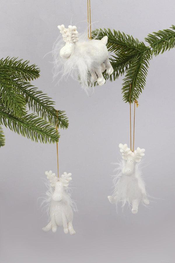 g decor Frosted Fluffy White Reindeer Hanging Ornament Festive Tree Hanging Decoration Style 1