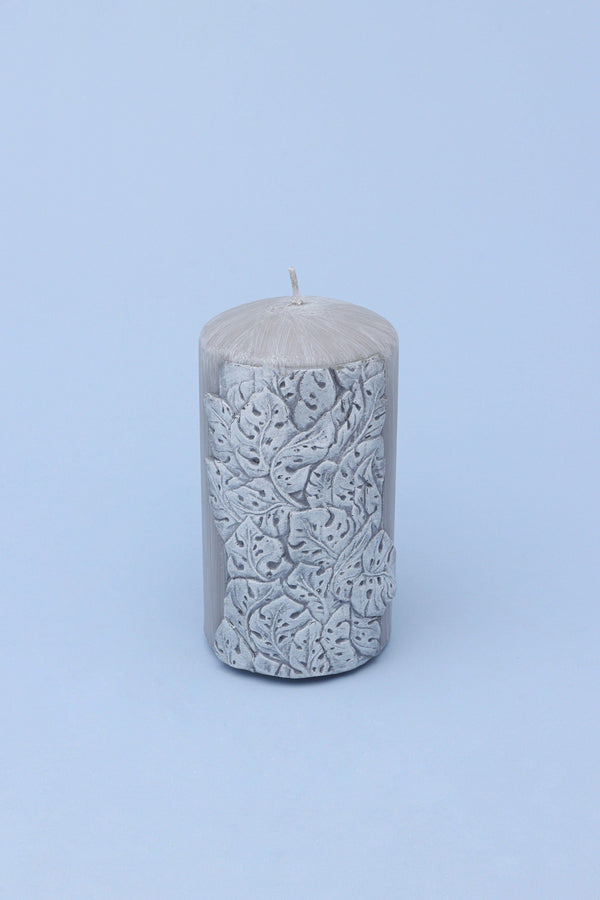 G Decor Juliet Leaves Light Grey 3D Pillar Candle
