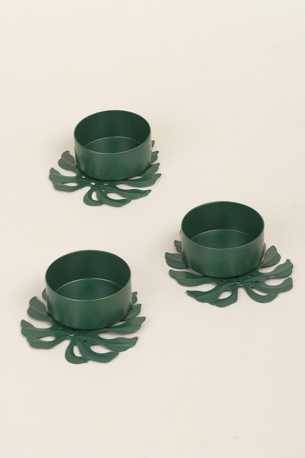 G Decor Set Of 3 Green Palm Leaf Tea Light Holders