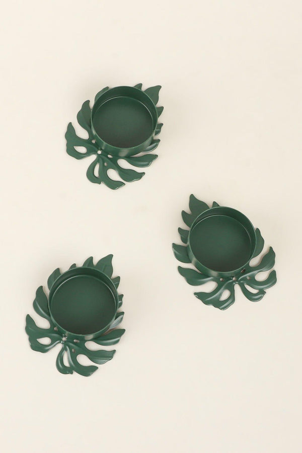 G Decor Set Of 3 Green Palm Leaf Tea Light Holders