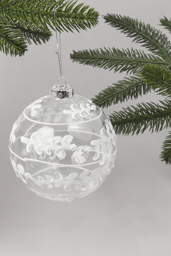 G Decor Glass Christmas Tree Bauble With White And Silver Glitter Patterning