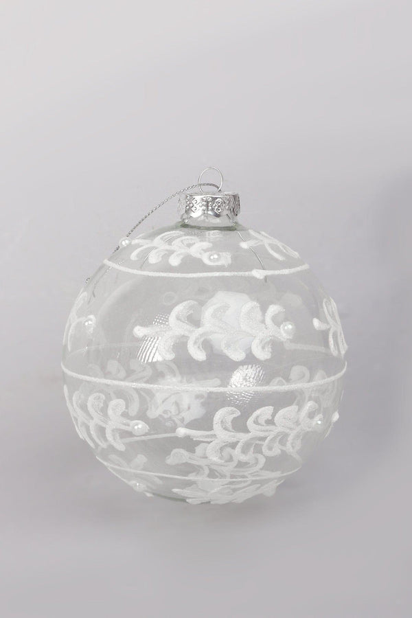 G Decor Glass Christmas Tree Bauble With White And Silver Glitter Patterning