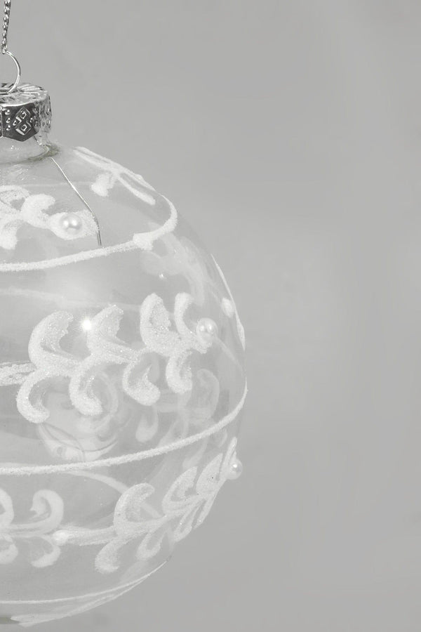 G Decor Glass Christmas Tree Bauble With White And Silver Glitter Patterning