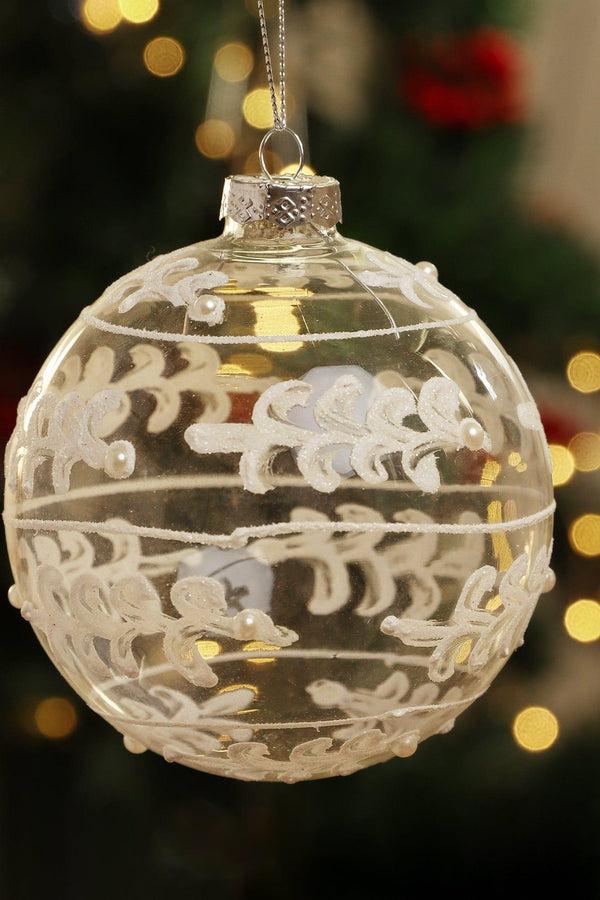g decor Glass Christmas Tree Bauble with White and Silver Glitter Patterning
