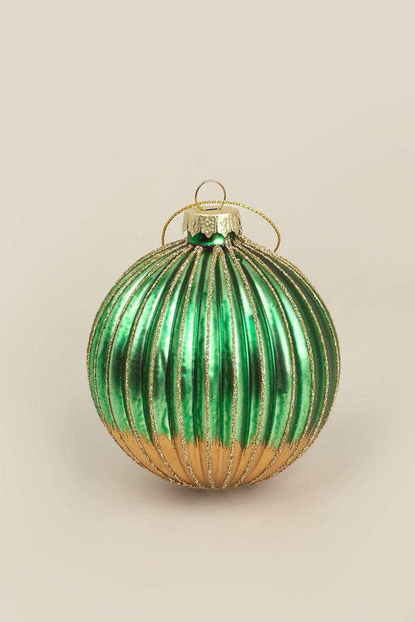 G Decor Glass Green And Gold Ribbed Christmas Tree Decoration