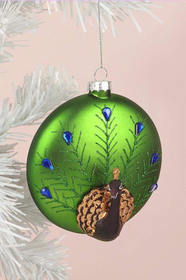 G Decor Glass Majestic Peacock Hand-Blown & Hand-Painted Christmas Tree Bauble Green Hanging Ornament Green