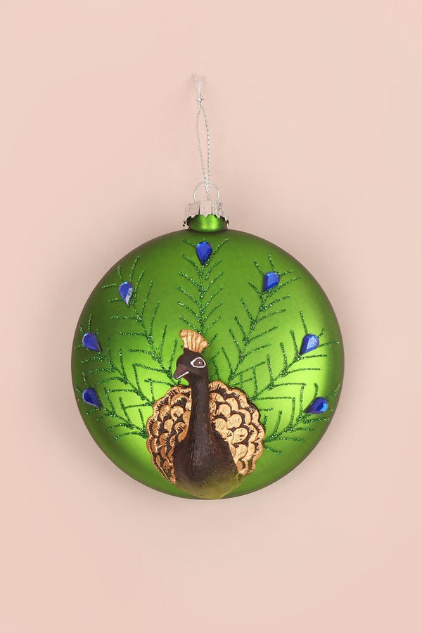 G Decor Glass Majestic Peacock Hand-Blown & Hand-Painted Christmas Tree Bauble Green Hanging Ornament Green
