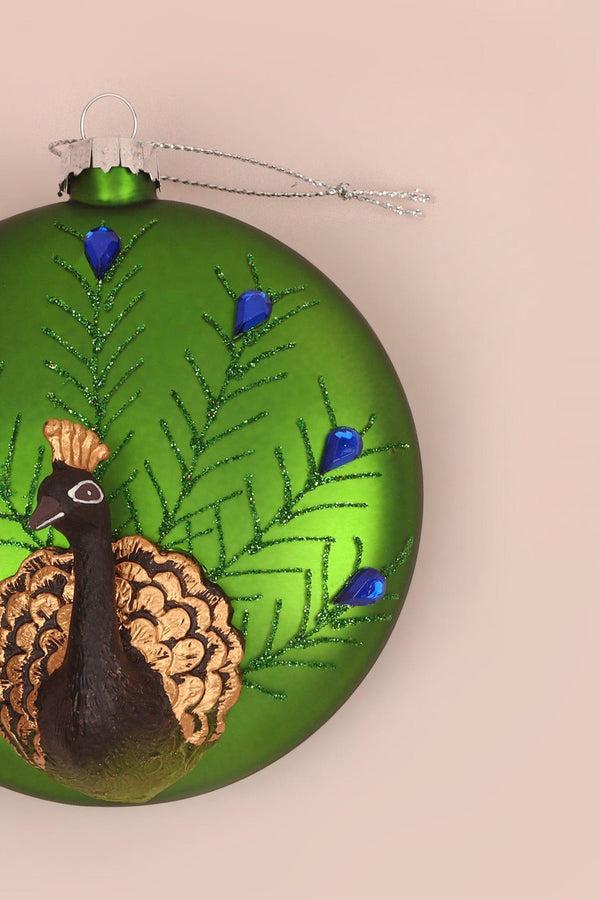 G Decor Glass Majestic Peacock Hand-Blown & Hand-Painted Christmas Tree Bauble Green Hanging Ornament Green