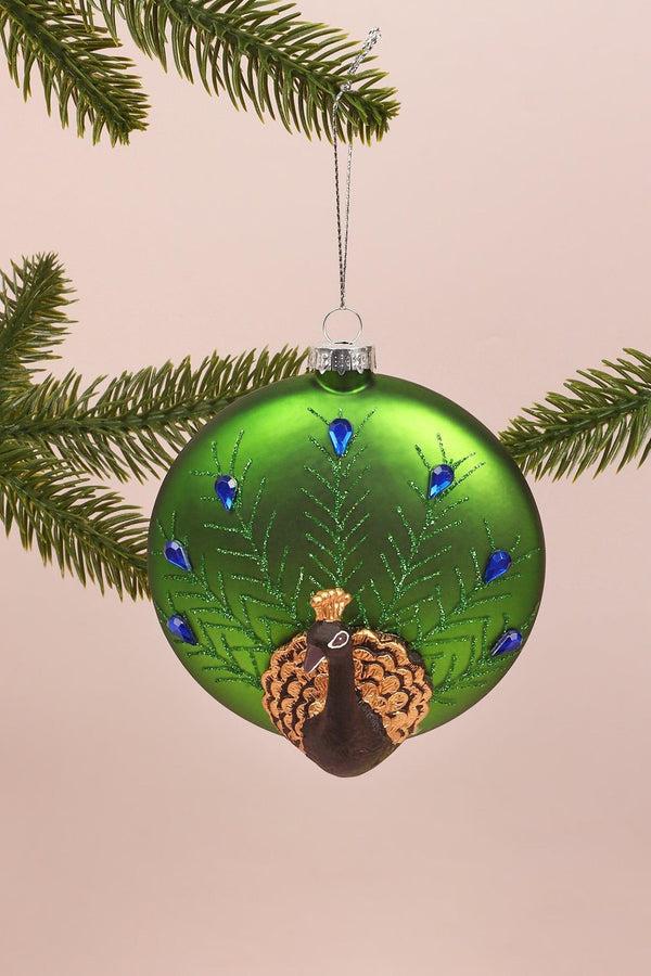 g decor Glass Majestic Peacock Hand-Blown & Hand-Painted Christmas Tree Bauble Green Hanging Ornament Green