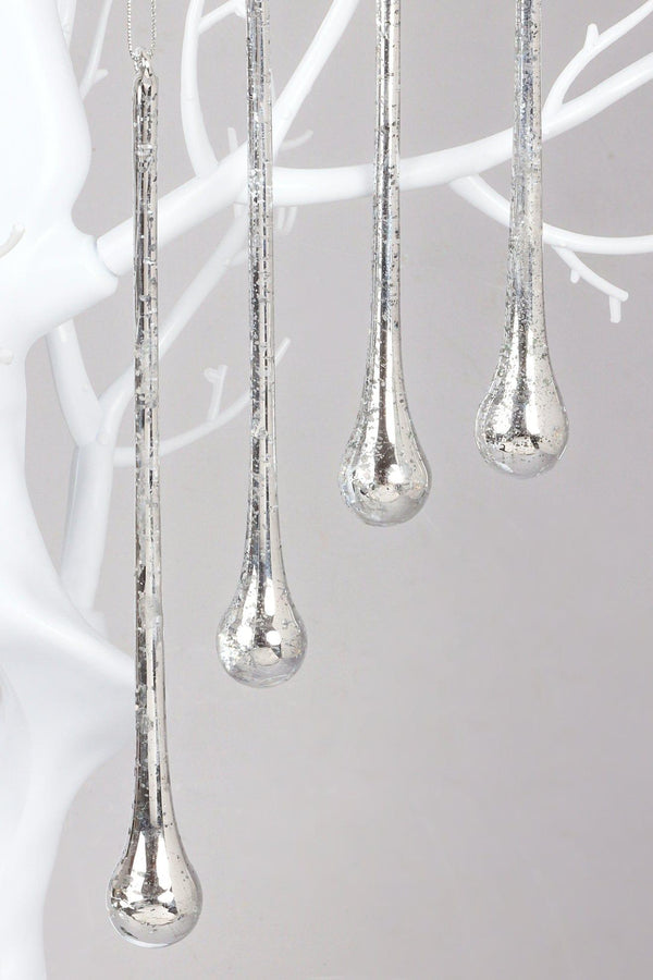G Decor Glass Set Of 6 Long Silver Mottled Droplets Christmas Tree Decorations Elegant Hanging Ornaments Silver