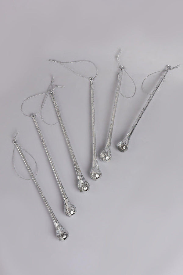 G Decor Glass Set Of 6 Long Silver Mottled Droplets Christmas Tree Decorations Elegant Hanging Ornaments Silver