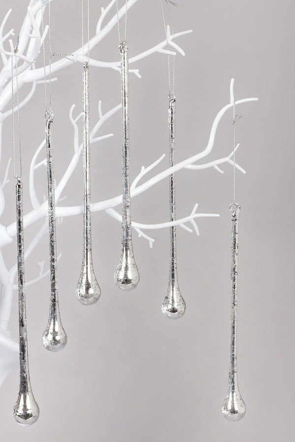g decor Glass Set of 6 Long Silver Mottled Droplets Christmas Tree Decorations Elegant Hanging Ornaments Silver