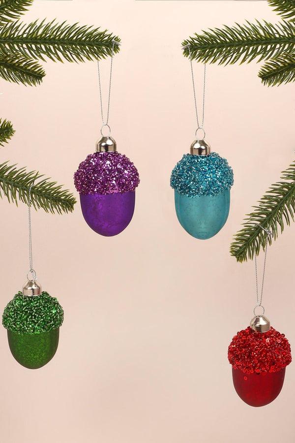 G Decor Glass Sparkle Acorn Christmas Tree Decoration Festive Baubles In Red Blue Purple Or Green Green