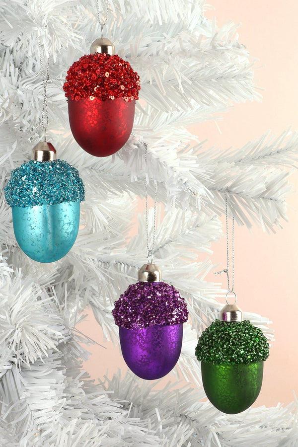 g decor Glass Sparkle Acorn Christmas Tree Decoration Festive Baubles in Red Blue Purple or Green Green