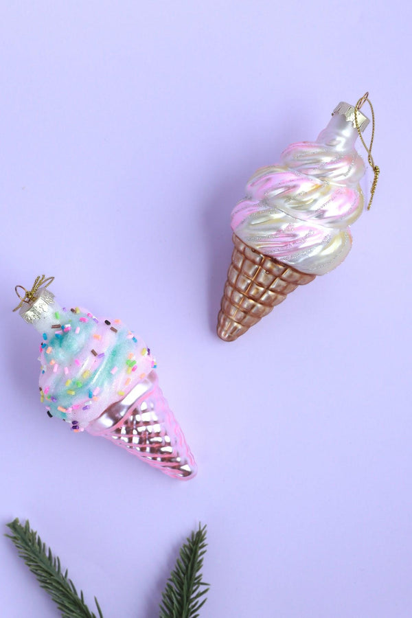 G Decor Glass Sundae Swirl Cone Hand-Painted Ice Cream Tree Decoration Vanilla Strawberry & Candy Sprinkles Ornaments Vanilla Strawberry Cone