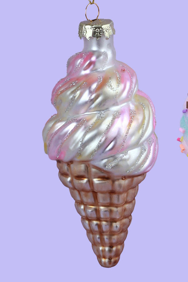 G Decor Glass Sundae Swirl Cone Hand-Painted Ice Cream Tree Decoration Vanilla Strawberry & Candy Sprinkles Ornaments Vanilla Strawberry Cone