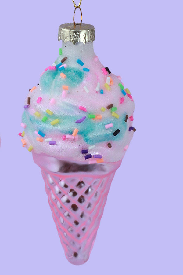 G Decor Glass Sundae Swirl Cone Hand-Painted Ice Cream Tree Decoration Vanilla Strawberry & Candy Sprinkles Ornaments Vanilla Strawberry Cone