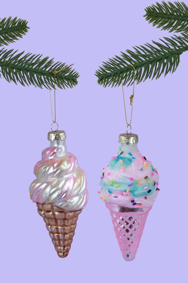 g decor Glass Sundae Swirl Cone Hand-Painted Ice Cream Tree Decoration Vanilla Strawberry & Candy Sprinkles Ornaments Vanilla Strawberry Cone