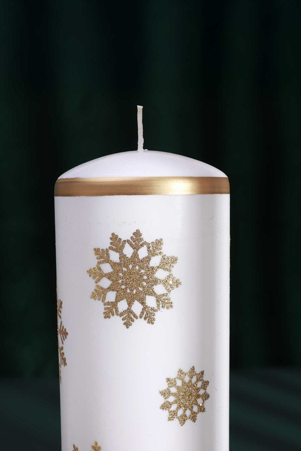 G Decor Golden Snowflake Hand-Finished Pillar Candle Winter Large Candle With Gold Foil Trim & White Wax Small