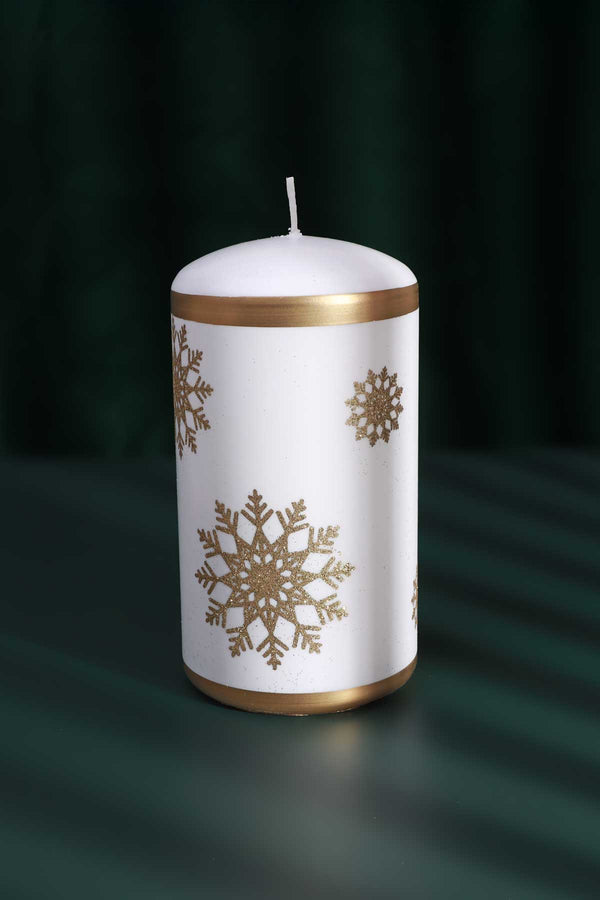 G Decor Golden Snowflake Hand-Finished Pillar Candle Winter Large Candle With Gold Foil Trim & White Wax Small
