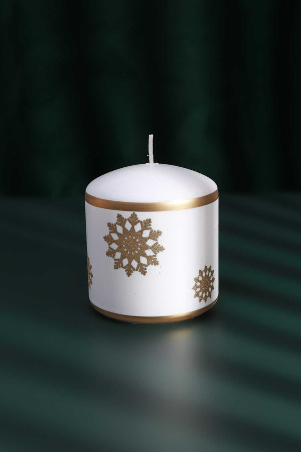 G Decor Golden Snowflake Hand-Finished Pillar Candle Winter Large Candle With Gold Foil Trim & White Wax Small