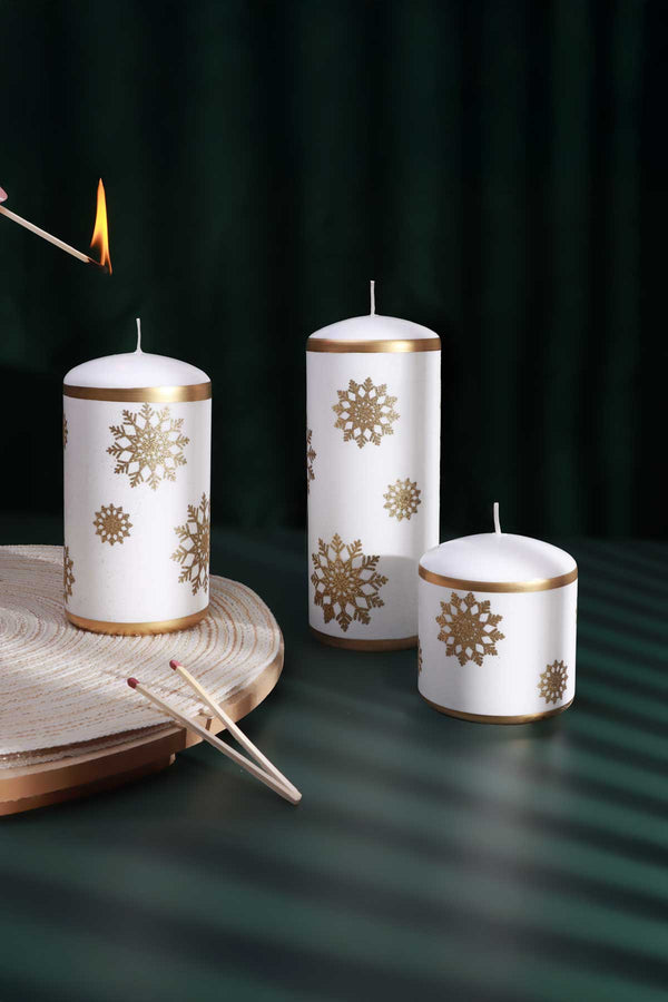 g decor Golden Snowflake Hand-Finished Pillar Candle Winter Large Candle with Gold Foil Trim & White Wax Small