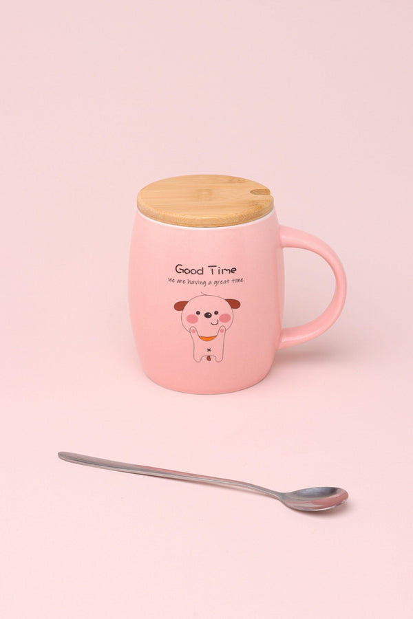 G Decor Good Time Puppy Mug Cute Dog Ceramic Coffee & Tea Cup With Lid And Spoon Pink