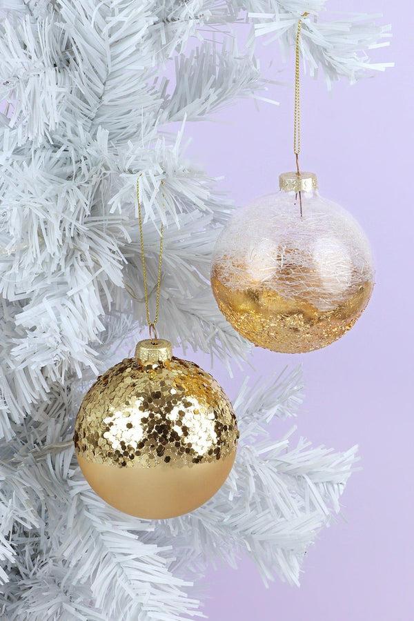 g decor Grand Royale Hand-Painted Glass Baubles Half Sequin & Frosted Crackle Gold Statement Christmas Tree Decorations Frosted Crackle
