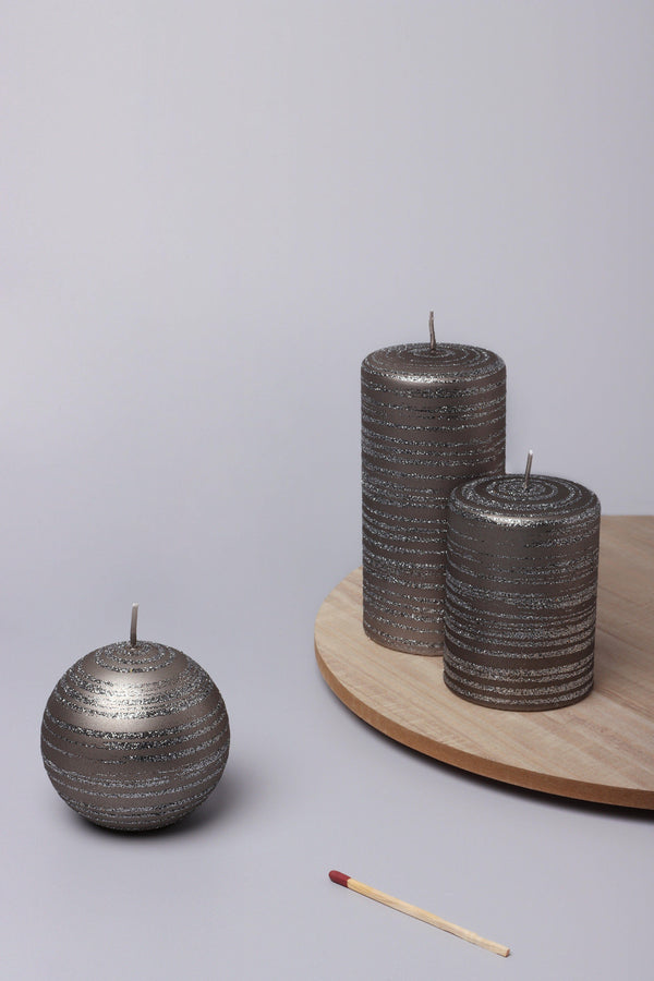 g decor Grey Stripes Dark Glitter Shimmer Gloss Pillar Candles