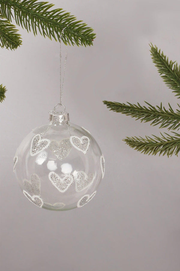 G Decor Hand-Blown Clear Glass Christmas Bauble With Hand-Painted Silver Glitter Hearts Hanging Decoration