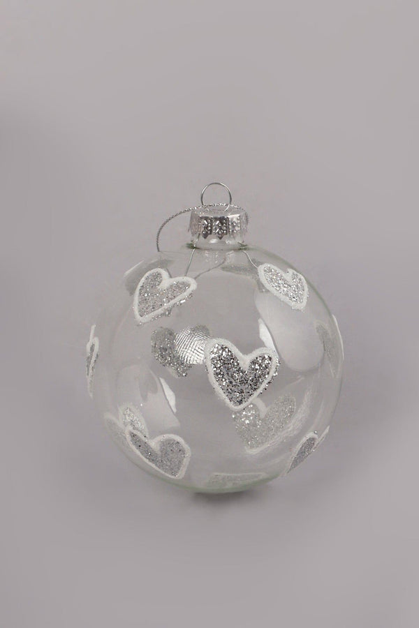 G Decor Hand-Blown Clear Glass Christmas Bauble With Hand-Painted Silver Glitter Hearts Hanging Decoration