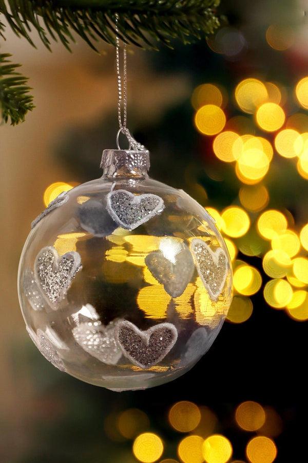 g decor Hand-Blown Clear Glass Christmas Bauble with Hand-Painted Silver Glitter Hearts Hanging Decoration