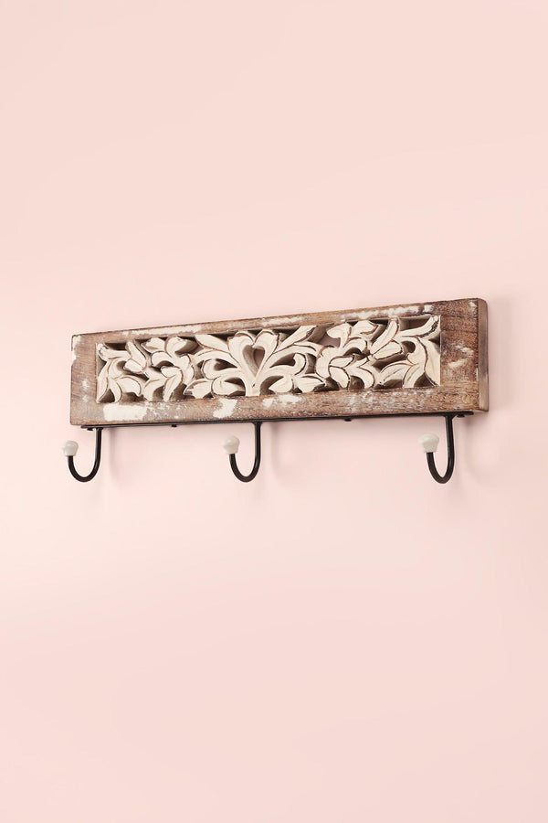 G Decor Handcrafted Antique Floral Carved Wooden Wall Hook Rack Rustic 3-Hook Hanger In Whitewashed Mango Wood Brown