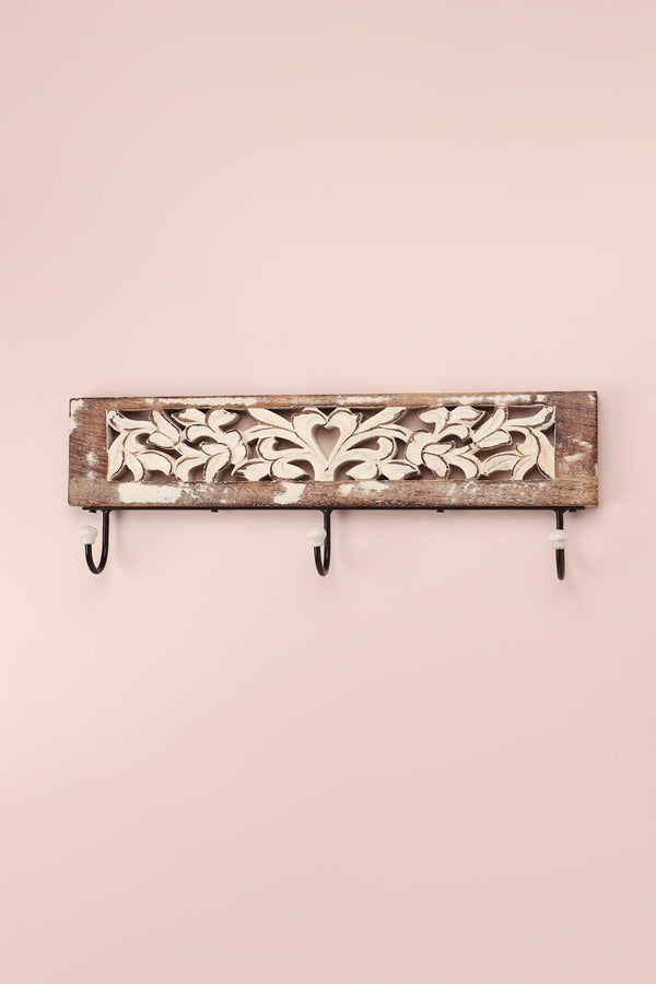 G Decor Handcrafted Antique Floral Carved Wooden Wall Hook Rack Rustic 3-Hook Hanger In Whitewashed Mango Wood Brown