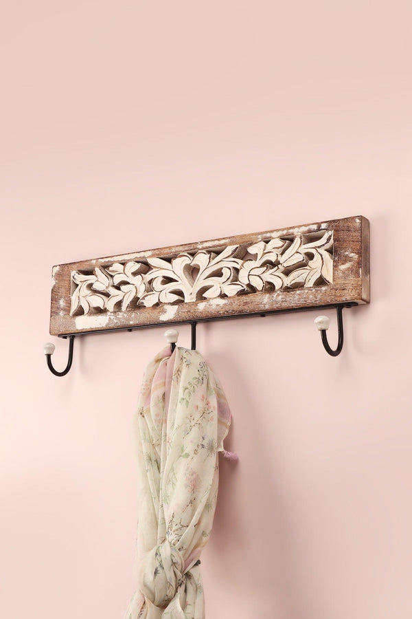 g decor Handcrafted Antique Floral Carved Wooden Wall Hook Rack Rustic 3-Hook Hanger in Whitewashed Mango Wood Brown