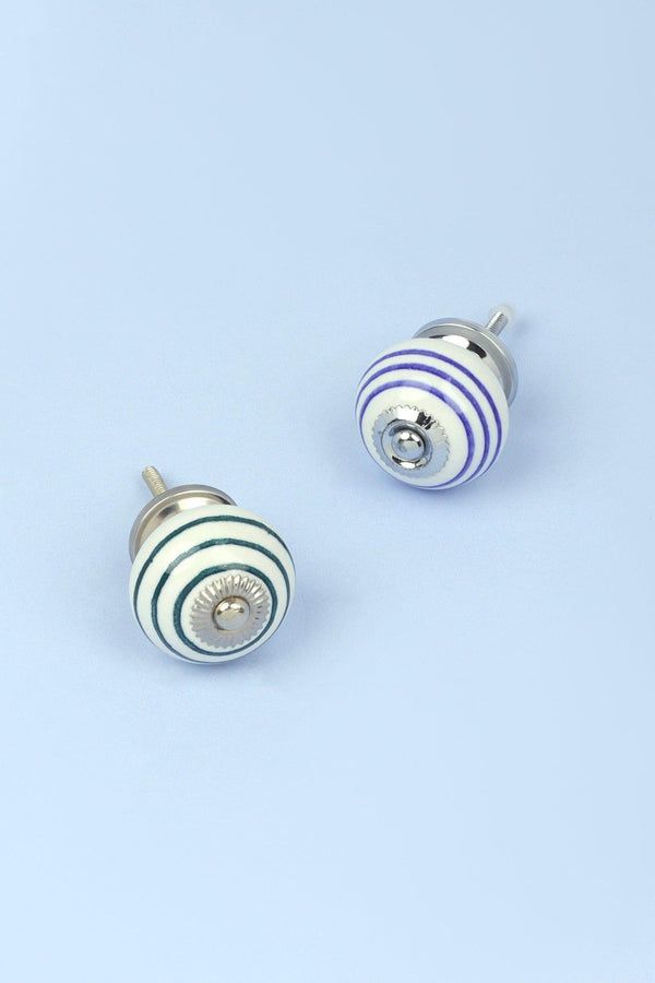 g decor Handcrafted & Handpainted Striped Ceramic Door Knobs White Base Cupboard Pull Handles In Dark Green And Blue In Blue